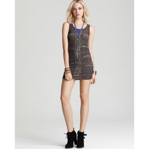 Free People Women's Bodycon Floral Keyhole Sheer Ruffle Mesh Mini Dress Sz S - Picture 1 of 9